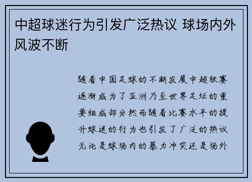中超球迷行为引发广泛热议 球场内外风波不断