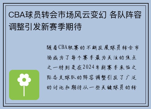 CBA球员转会市场风云变幻 各队阵容调整引发新赛季期待